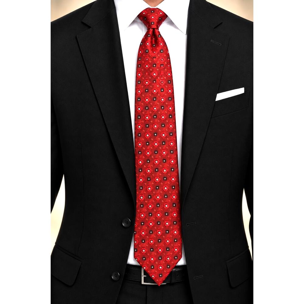 Johnson Brothers Men's Narrow Geometric Patterned Polyester Necktie Red & Black